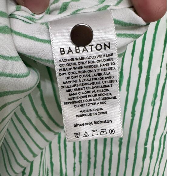 Aritzia Babaton Green White Striped Tie Waist Blouse Top Size‎ L Flutter Sleeve - Picture 5 of 7